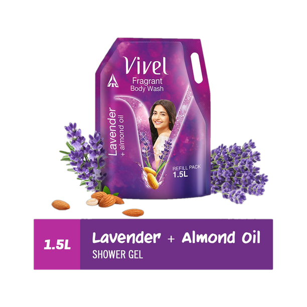 Vivel Fragrant Body Wash Lavender & Almond Oil Shower Gel, Supersaver XL Refill Pouch (1.3 L)