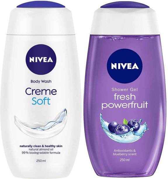 NIVEA Creme Soft shower Gel 250ml & Fresh Powerfruit Shower Gel 250ml (set of 2)