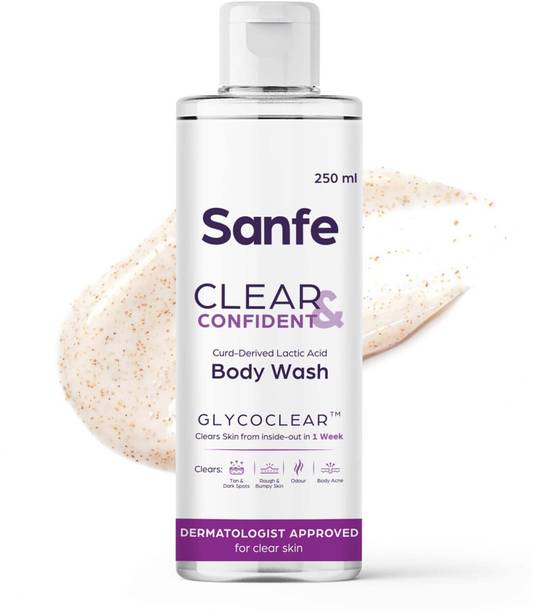 Sanfe Clear & Confident Glycolic Acid Body Wash|AHA Exfoliation, Tan Shower Gel