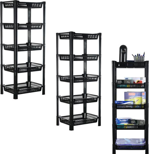 KUBER INDUSTRIES Pack of 3 Multipurpose Racks For Storage | 5-Tier Kids Toy Organizer | Black Plastic Open Book Shelf