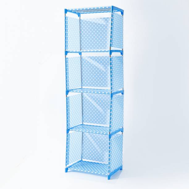 KUBER INDUSTRIES 4 Layer Book Cabinet Shelves for Bedroom Office Living Room |SJ04B | Blue Fabric Open Book Shelf