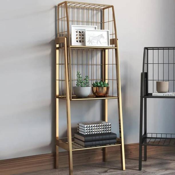NG Decor Industrial Gold Bookshelf with 3-Tier Basket Office Bookcase Metal Open Book Shelf