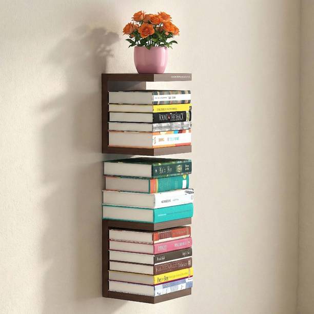 RIPPLEWUDS Wooden Book Rack Set of 2 | Wall Mounted | Display Unit | Zigzag Corner Storage Engineered Wood Open Book Shelf