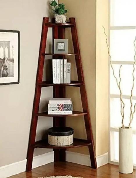 Thoms Handicraft Sheesham Wood Corner Standing Shelves| Solid Wood Semi-Open Book Shelf