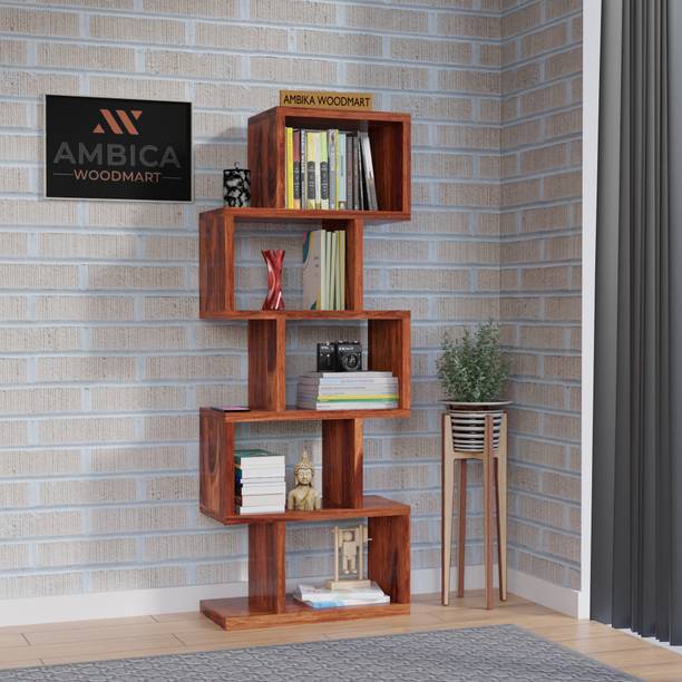 AMBICA WOODMART Sheesham Wood Zig Zag Book Shelf | Wooden Book Rack | 5 Shelf Book Shelves Solid Wood Open Book Shelf