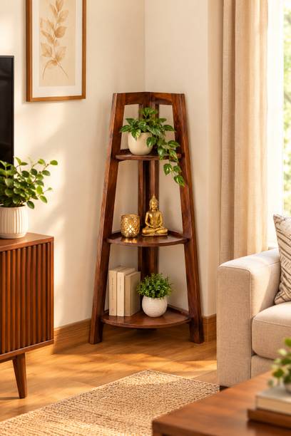 Shyam Handicraft Solid Wood Corner Shelf | Wooden Book Shelf | Sheesham Wood 3 Shelf | Solid Wood Open Book Shelf