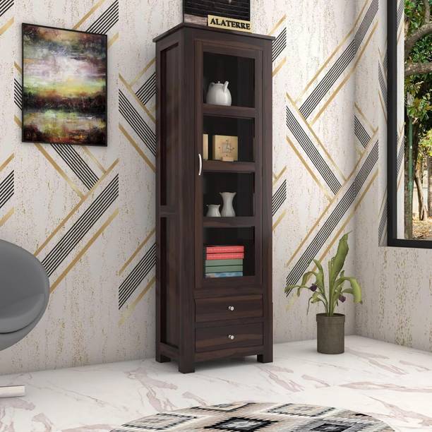 WOODTREND Solid Sheesham Wood Book Shelf With Glass Door And Multiple Storage Shelves Solid Wood Open Book Shelf