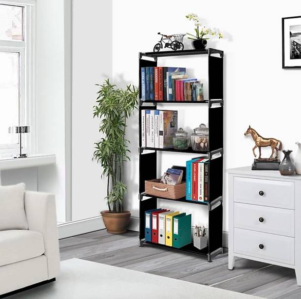 VIKNORT 5-Shelves Black Metal Open Book Shelf