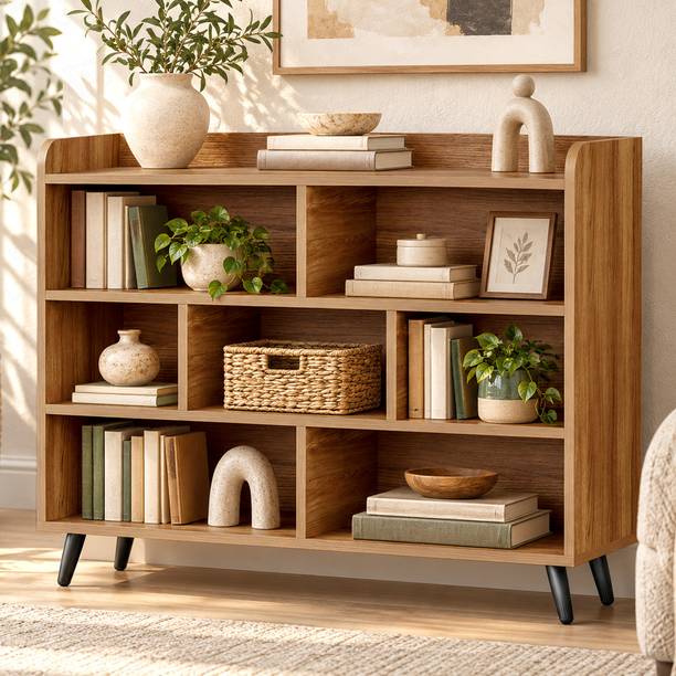 LUKZER 7-Section Book Shelf Wooden with Legs (MR-008L) Engineered Wood Open Book Shelf