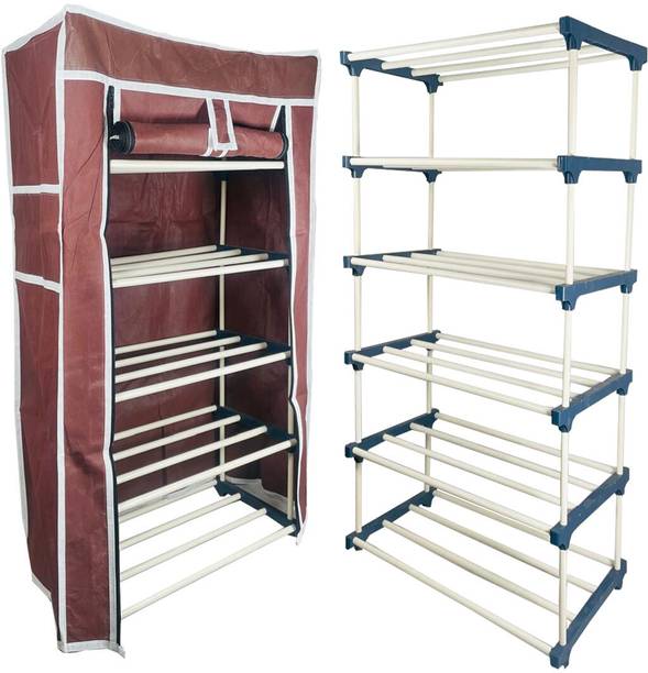 QUARCK 5Tiers Book Shelf Plastic Rack With Cover Wardrobe Portable Multipurpose Folding Plastic Open Book Shelf