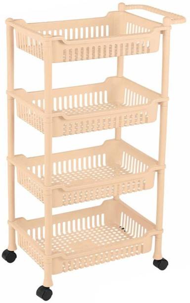 3D METRO SUPER STORE 4 Layer Plastic Rack With Wheel & Handel Multipurpose Kitchen Storage Organizer Plastic Open Book Shelf