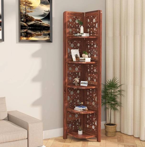 AakroCrafts Sheesham Wood Circle Corner Shelf for LivingRoom Bedroom/5 Tier Corner Bookshelf Solid Wood Open Book Shelf