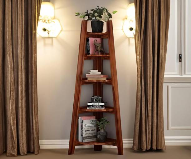 Shyam Handicraft Solid Wood Corner 5 Rack Open Ladder Shelf For Books/Decoration for Home/Office Solid Wood Open Book Shelf