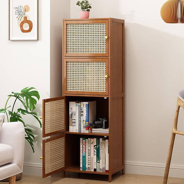 HOUSE OF QUIRK 4-Tier Bookcase with Door Storage Rack-43Dx32Wx126H cm- DIY PRODUCT Bamboo Close Book Shelf