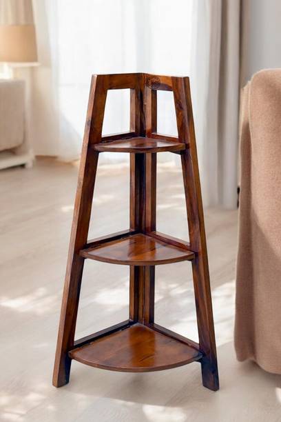 Shyam Handicraft Solid Wood 3 Tier Corner Shelf for Living Room | Wooden Book Rack Home Decor Solid Wood Open Book Shelf