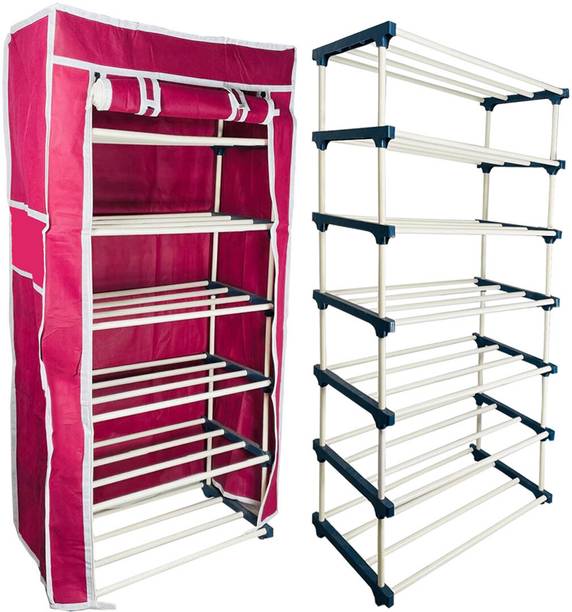 TURBOMAX 6Tiers Book Shelf Plastic Rack With Cover Wardrobe Portable Multipurpose Folding Plastic Open Book Shelf