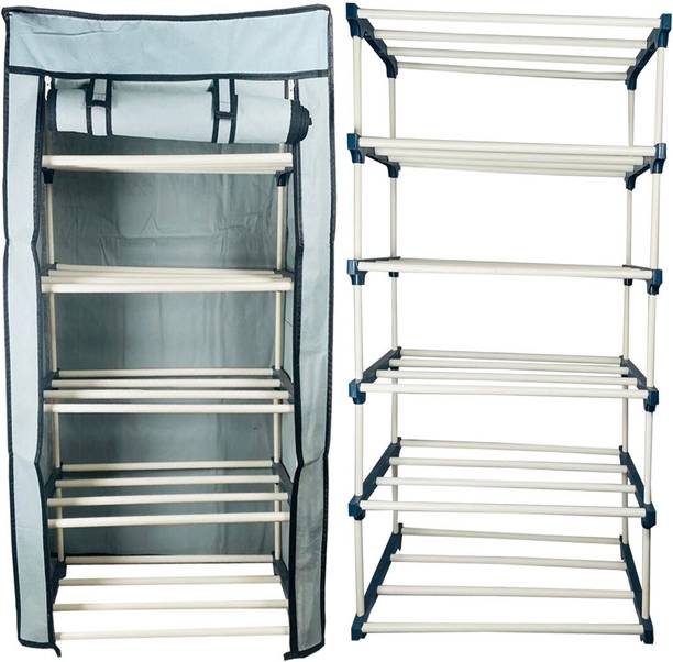 QUARCK 5Tiers Book Shelf Plastic Rack With Cover Wardrobe Portable Multipurpose Folding Plastic Open Book Shelf