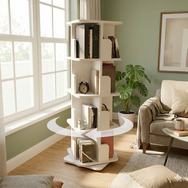 COGO 4 Tier Revolving Bookshelf (White) | 100+ Books | 100 kg UDL Loading Capacity Engineered Wood Open Book Shelf