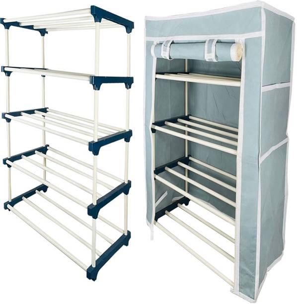 QUARCK 4Tiers Book Shelf Plastic Rack With Cover Wardrobe Portable Multipurpose Folding Plastic Open Book Shelf