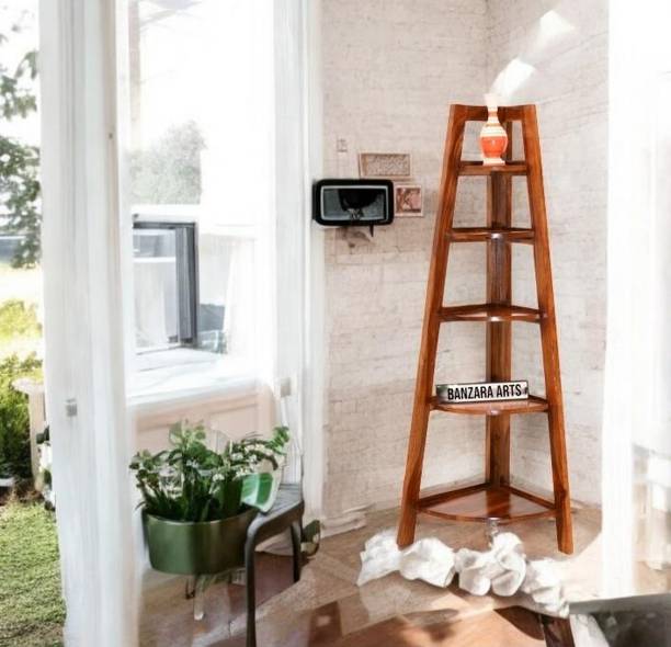 Banzara Arts Solid Wood Corner Bookshelf for Living Room Solid Wood Open Book Shelf
