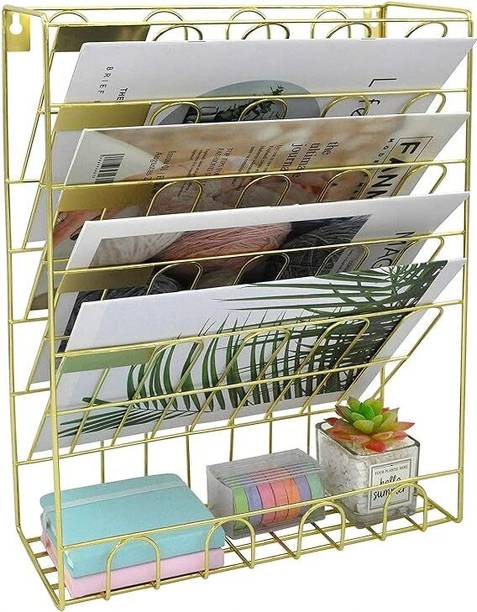 Indian Decor 20523 Hanging File Organizer, 6 Tier Wall Mount Document Letter Tray Metal Semi-Open Book Shelf