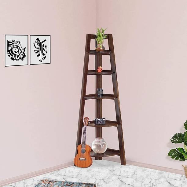 SB Handicraft Sheesham Foldable Open 5 Step Ladder Book Shelf/Rack/Corner Storage Rack Shelf Solid Wood Open Book Shelf