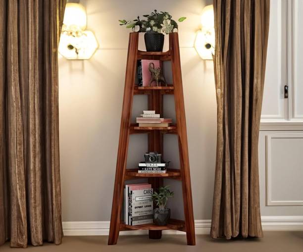 Shyam Handicraft Solid Wood Corner 5 Rack Open Ladder Shelf for Books & Home Office Decor Solid Wood Open Book Shelf