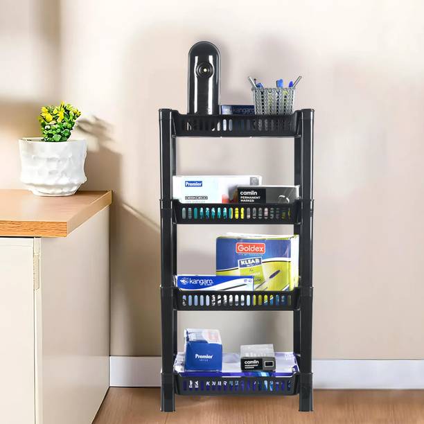 KUBER INDUSTRIES 4-Tier Multipurpose Racks For Storage | Kids Toy Organizer | Black Plastic Open Book Shelf