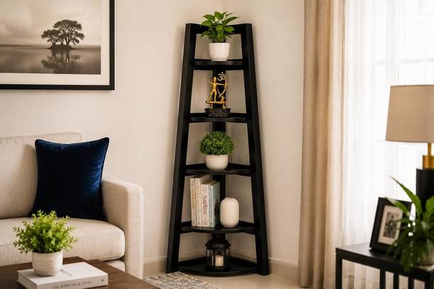 Shyam Handicraft Solid Wood Corner 5 Rack Open Ladder Shelf for Books & Home Office Decor Solid Wood Open Book Shelf