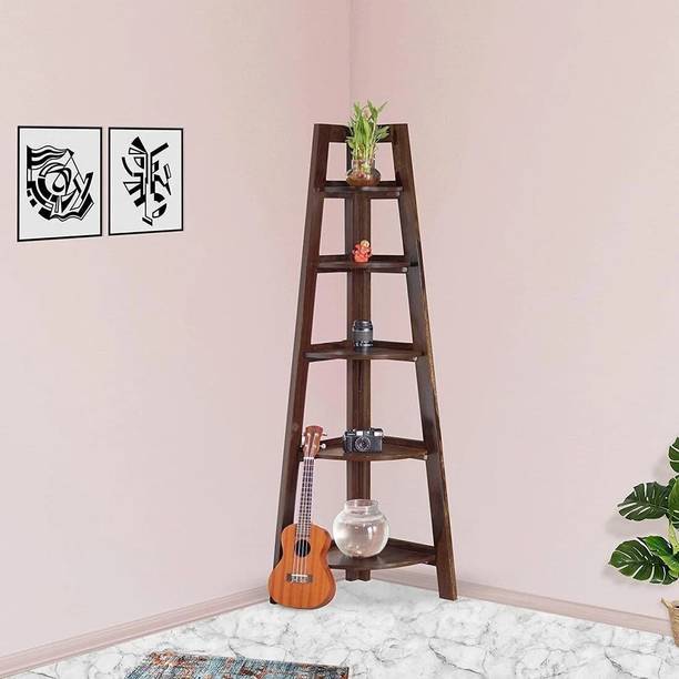 SB Handicraft Solid Sheesham Wood 5 Shelf Ladder Book Shelf for Study Room & Home Solid Wood Open Book Shelf