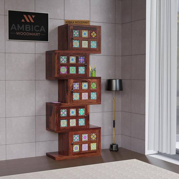 AMBICA WOODMART Sheesham Wood Zig Zag Book Shelf | Wooden Book Rack | 5 Shelf Book Shelves Solid Wood Close Book Shelf