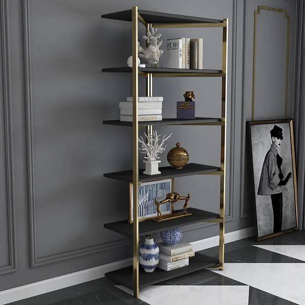 NG Decor Contemporary Corner Shelf with Metal Frame Engineered Wood Open Book Shelf