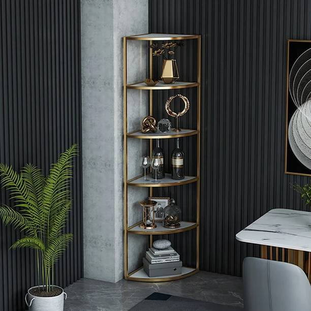 KDINTERIORS 6-Tier Modern Fan-Shaped Shelves Standing Corner Shelf Engineered Wood Open Book Shelf