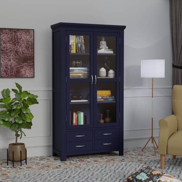 BAGARI ARTS Solid Wood Book Shelf cum Kitchen Cabinet with Glass Doors & Drawers for Bedroom Solid Wood Close Book Shelf