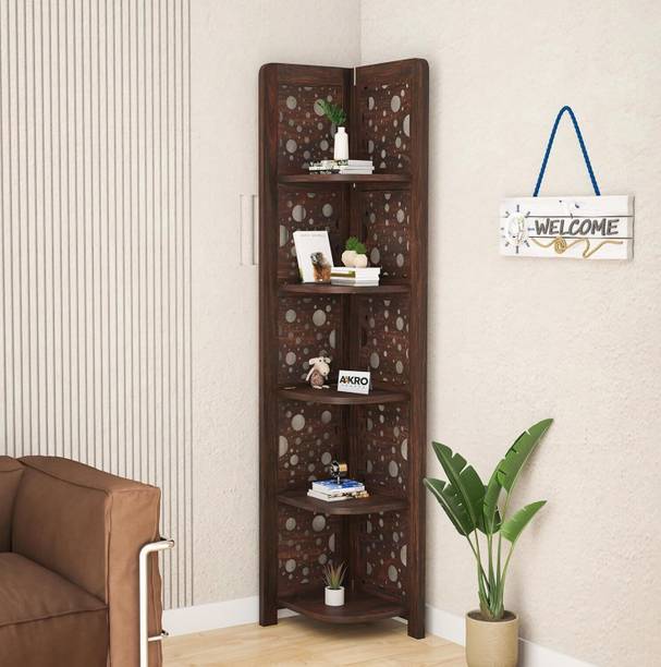 AakroCrafts Sheesham Wood Circle Corner Shelf for Living Bedroom/5 Tier Corner Bookshelf Solid Wood Open Book Shelf