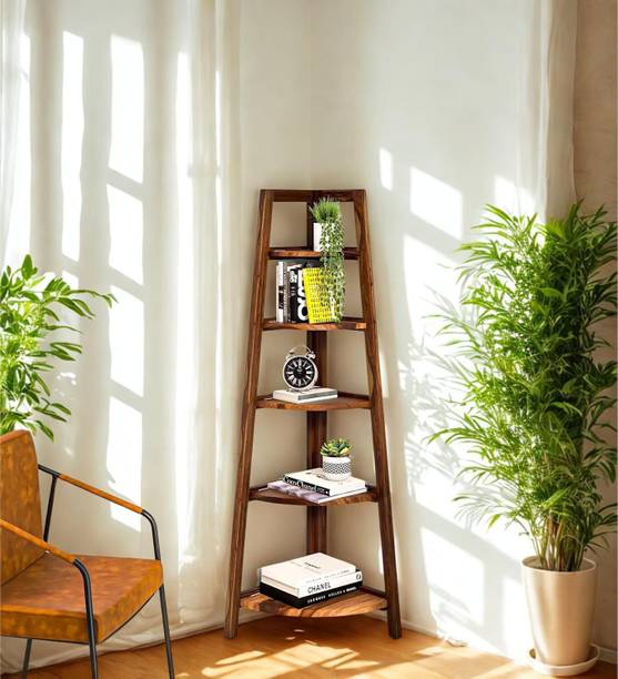 Gouravgenics Handicraft Wooden Corner Ladder Shelf Solid Wood Open Book Shelf