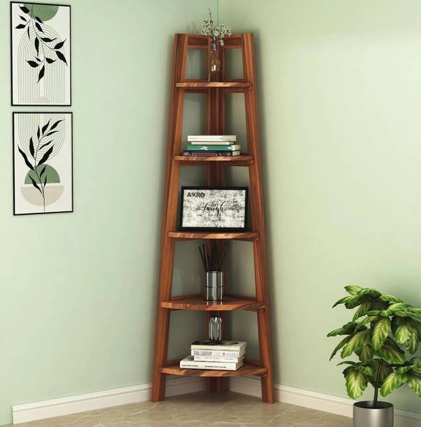 AakroCrafts Wood Corner Shelf for Living Room Bedroom Home/5 Tier Corner Bookshelf Solid Wood Open Book Shelf