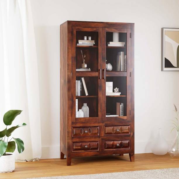 WOODSTAGE Solid Wood Cabinet With 2 Glass Door & 4 Drawers Storage For Living Room Home Solid Wood Close Book Shelf