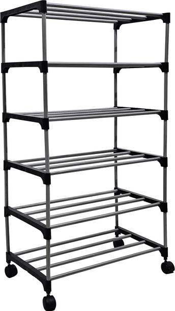 Philoshop Metallic Book shelf with caster wheel, 6 Tier Metal Open Book Shelf