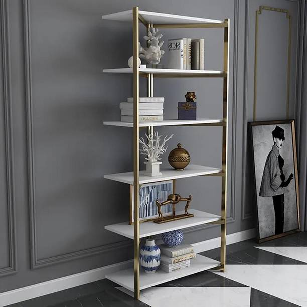 NG Decor Contemporary Corner Shelf with Metal Frame Engineered Wood Open Book Shelf