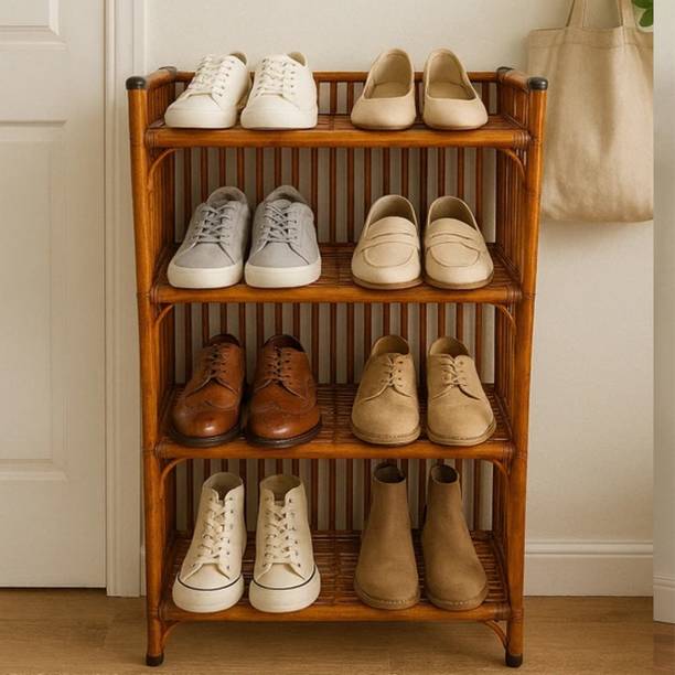 ZAANCREATION 4-Tier Bamboo,Cane shoe rack chappal stand, Bookshelf for office,multipurpose Cane, Solid Wood Shoe Rack