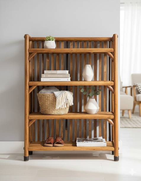 EVRA Handcrafted Bamboo Cane Rack | Boho Shoe Stand, Plant Shelf & Home Organizer Engineered Wood Semi-Open Book Shelf