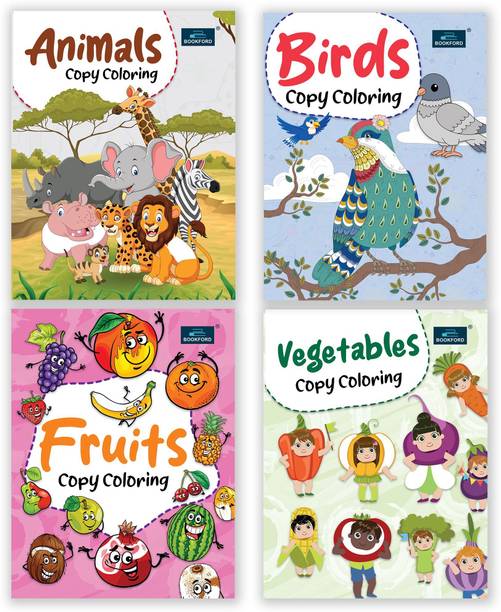 Copy Coloring Book For Kids With 64 Pages ( Set of 4 )- Animals , Fruits , Birds , Vegetables - 2 years to 6 years Kids Age Groups
