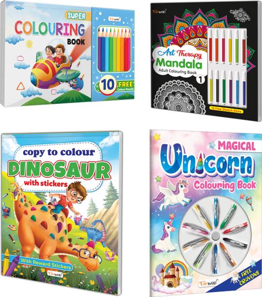 Super Colouring Book With 10 Pencil Colors, Art Therapy Mandala Adult Colouring Book-1, Copy to Colour Dinosaurs with Stickers and Magical Unicorn Colouring Book With Crayons : Colouring book for young learners, Children colouring book, Amazing Mandala Colouring, Copy colouring book | Pack of 4 Colouring Books