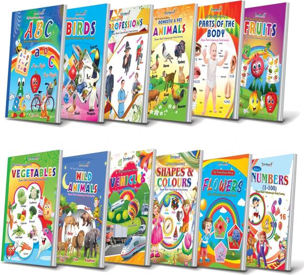 Picture Book Collections for Eary Learning (kids books Set combo of 12) -ABCD, Numbers Counting Tables, Colours & Shapes, Flowers, Fruits, Vegetables, Vehicles, Birds, Domestic animals, Wild Animals, Parts of the Body & Professions  - kids books set plastic