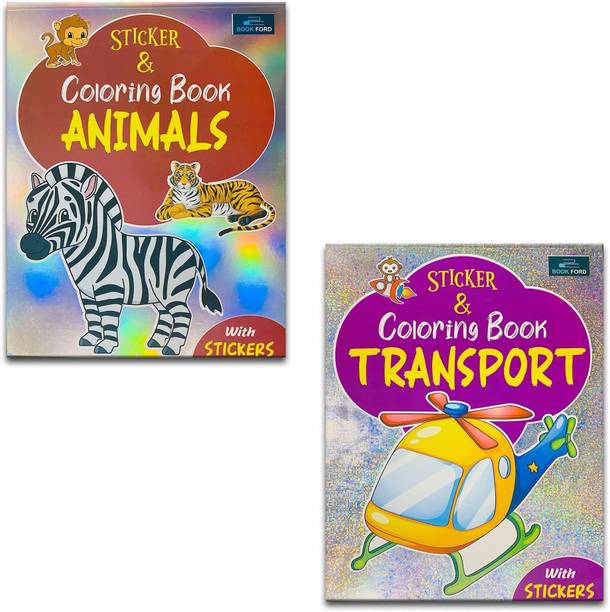 Sticker and Coloring Book For Kids (Animals & Transport)- Fun, Educational, Colorful Imagery, Engaging Activities, and Hours of Entertainment Drawing Books For Kids. Suitable For All Ages Groups ( Set of 2 )
