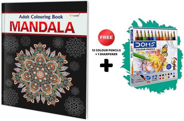 Mandala - Adult Colouring Book with 12 Colour Pencils + 1 Sharpner : Coloring Book for Adults, Calming Coloring Pages, Relaxing Art Coloring Book, Art Colouring kit for adults