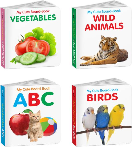 My First Cute Board Book All In One Learning Book For Children : ABC, Birds, Wild Animals and Vegetables - Baby board books collection, First library books for babies | Pack of 4 Books for kids