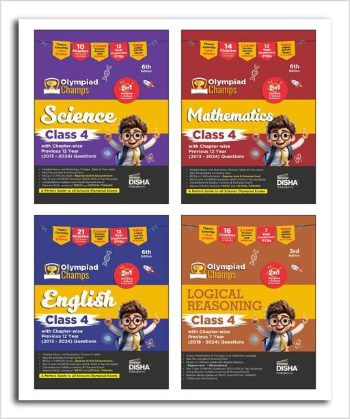 Disha Combo Class 4 (set of 4 books) Olympiad Champs Science, Mathematics, English & Logical Reasoning with Chapter-wise Previous 12 Year (2013 - 2024) Questions