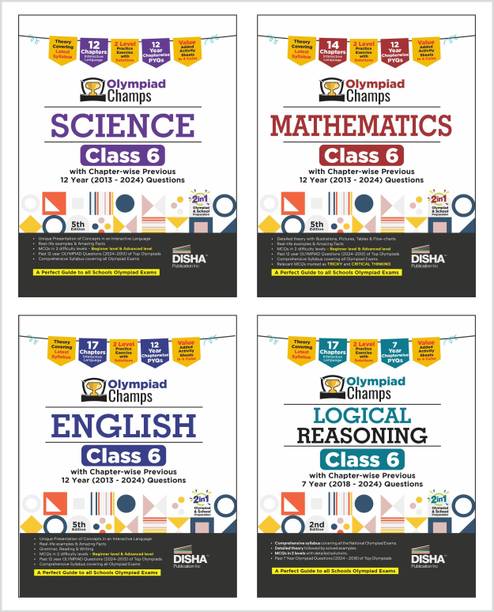 Disha Combo Class 6 (set of 4 books) Olympiad Champs Science, Mathematics, English & Logical Reasoning with Chapter-wise Previous 12 Year (2013 - 2024) Questions